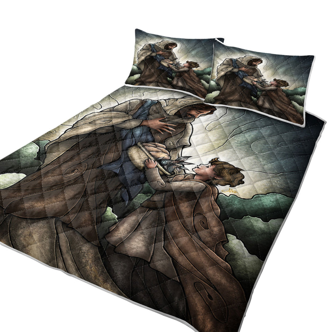 Stained Glass Christian Art Fish and Bread Jesus King Size Bedspreads