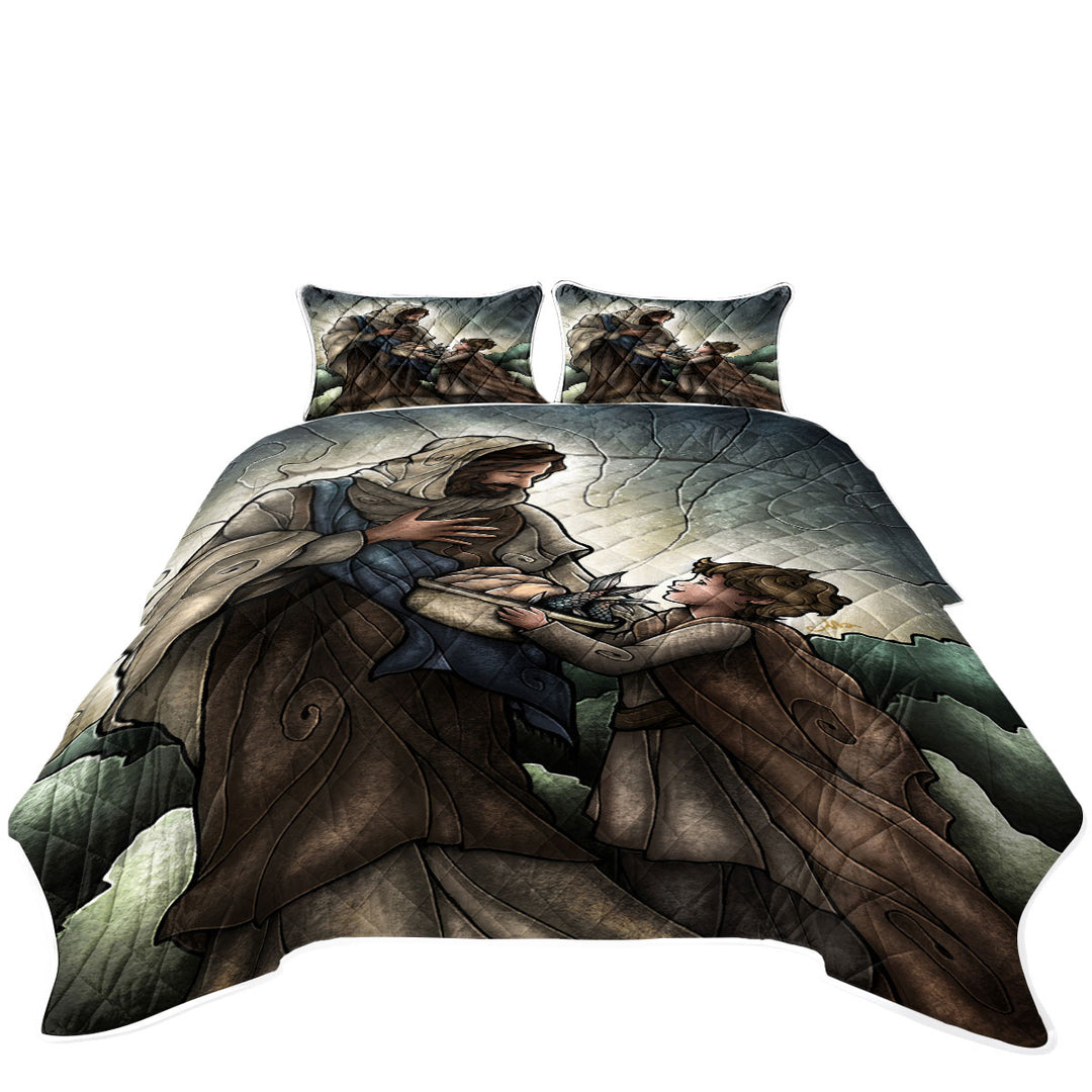 Stained Glass Christian Art Fish and Bread Jesus King Size Quilt