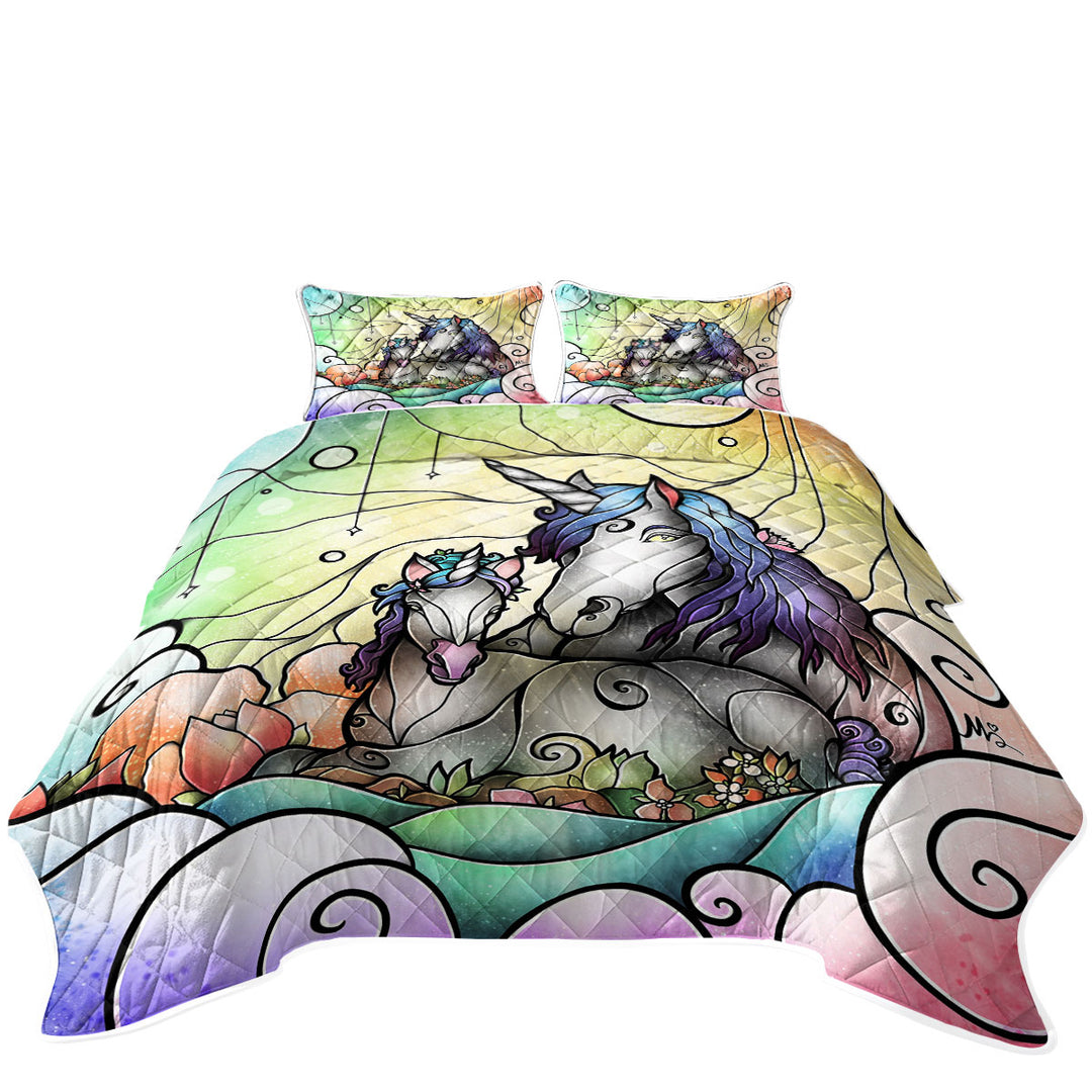 Stained Glass Colorful Art Magical Mama Unicorn Coverlet