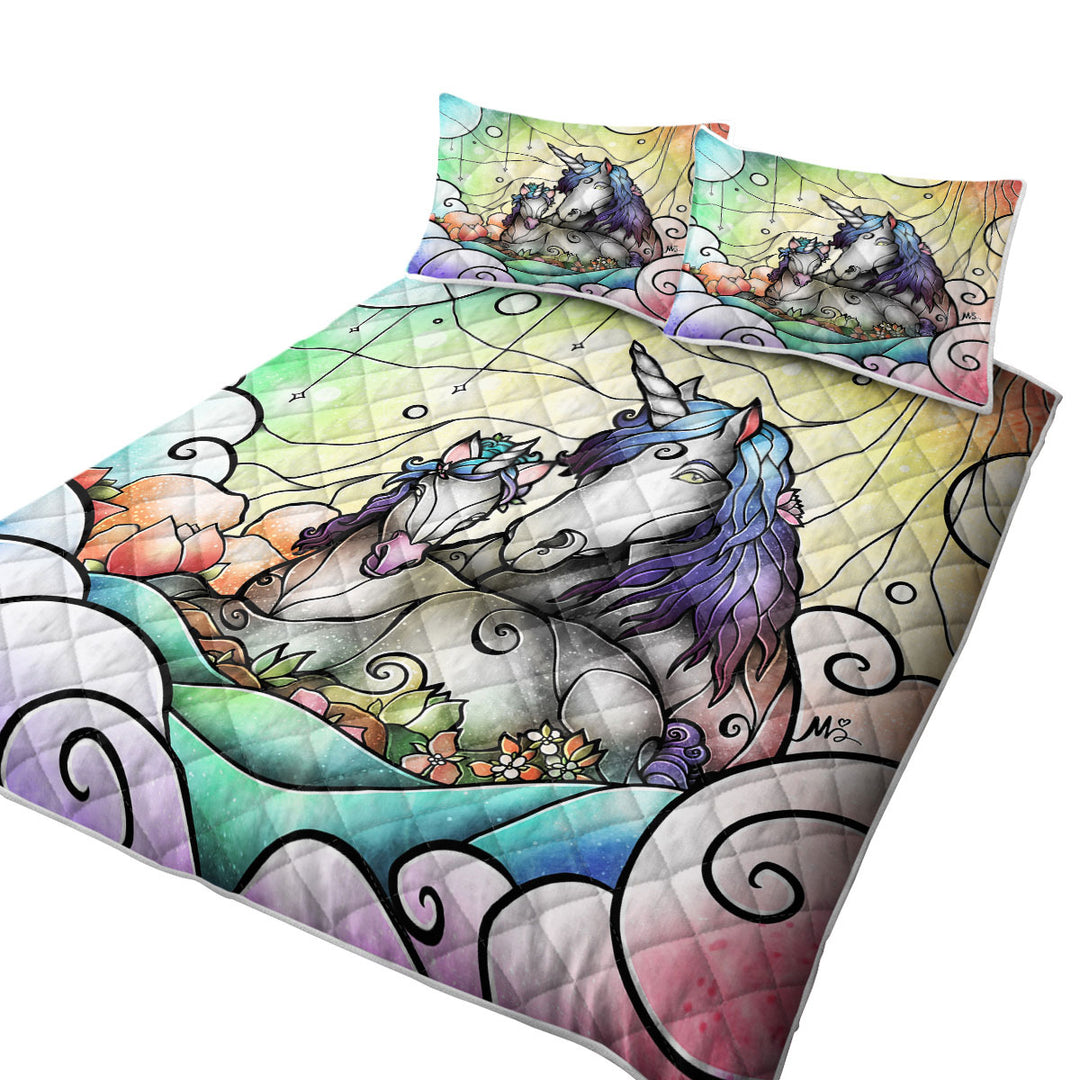 Stained Glass Colorful Art Magical Mama Unicorn King Size Bedspreads