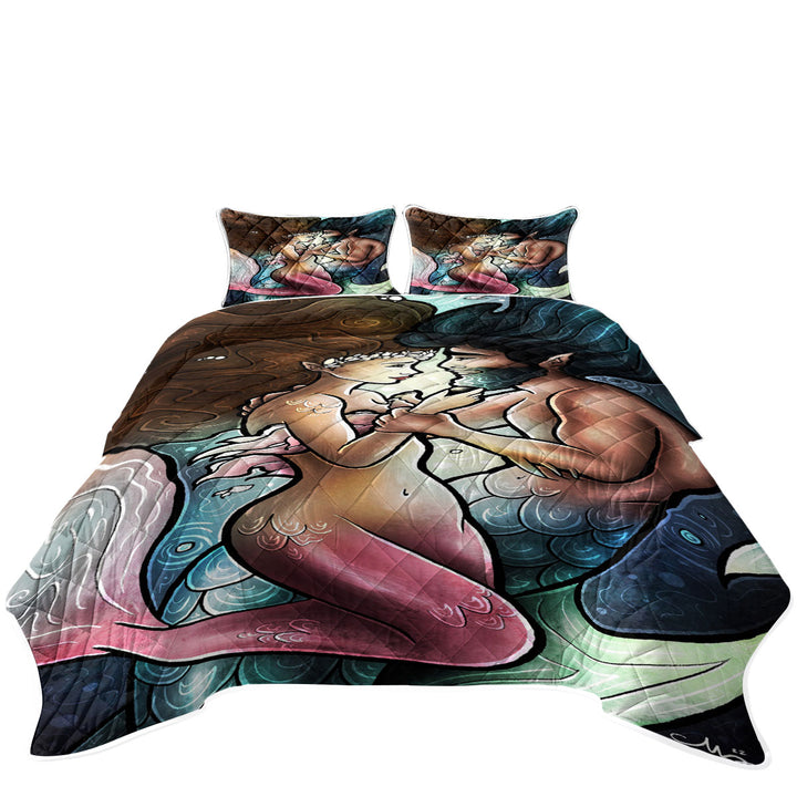 Stained Glass Cool Art Pearl Hunting Mermaids King Size Bedspreads