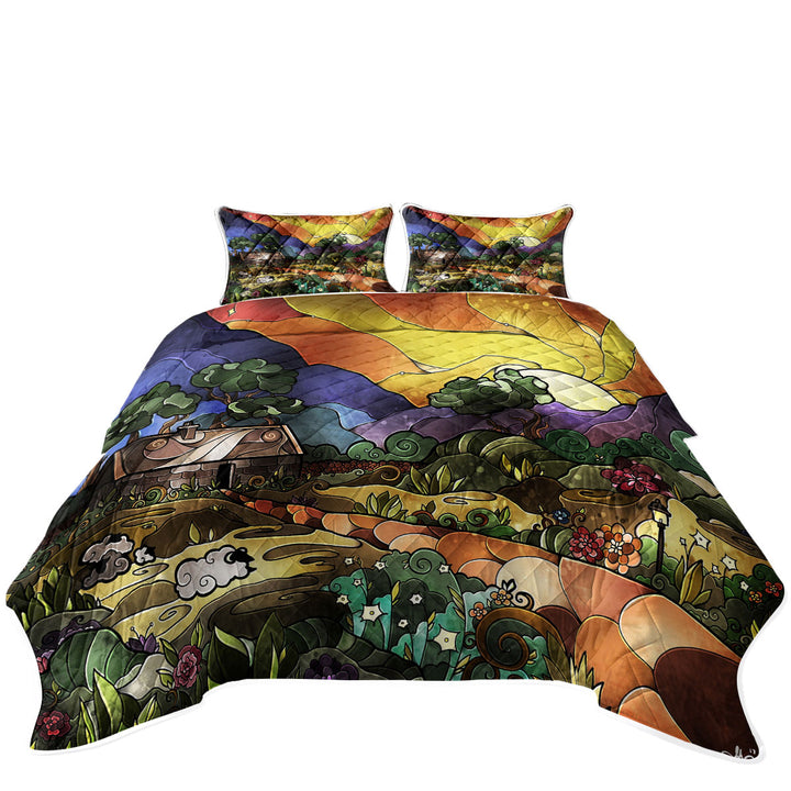 Stained Glass Country Art the Shepherds Cottage California King Quilt Sets