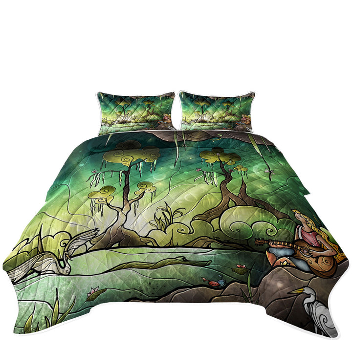 Stained Glass Forest Green Art Crane Lake Quilt