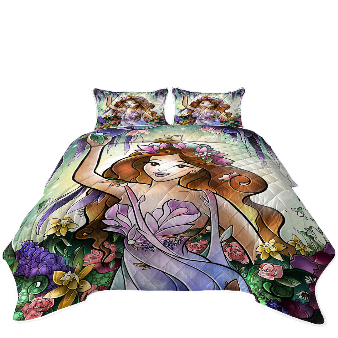Stained Glass Four Seasons Flora the Spring Fairy Coverlet
