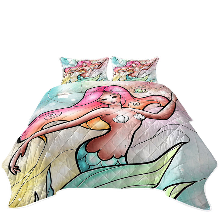 Stained Glass Kids Art Beautiful Mermaid Twin Quilt