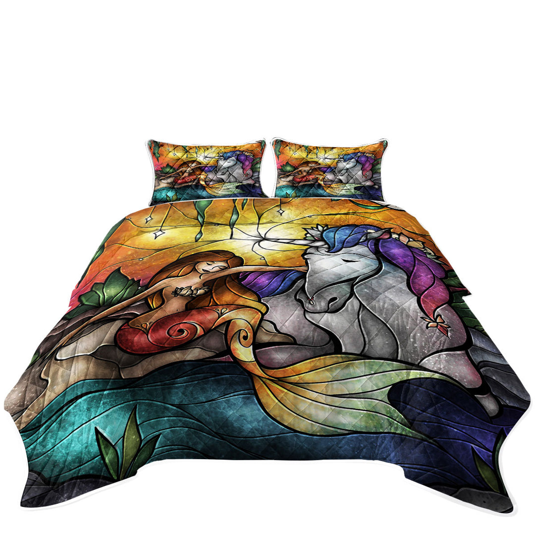 Stained Glass Magical Art Unicorn and Mermaid King Quilt