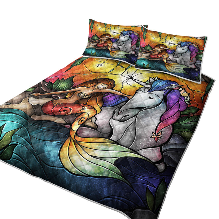 Stained Glass Magical Art Unicorn and Mermaid Summer Quilt