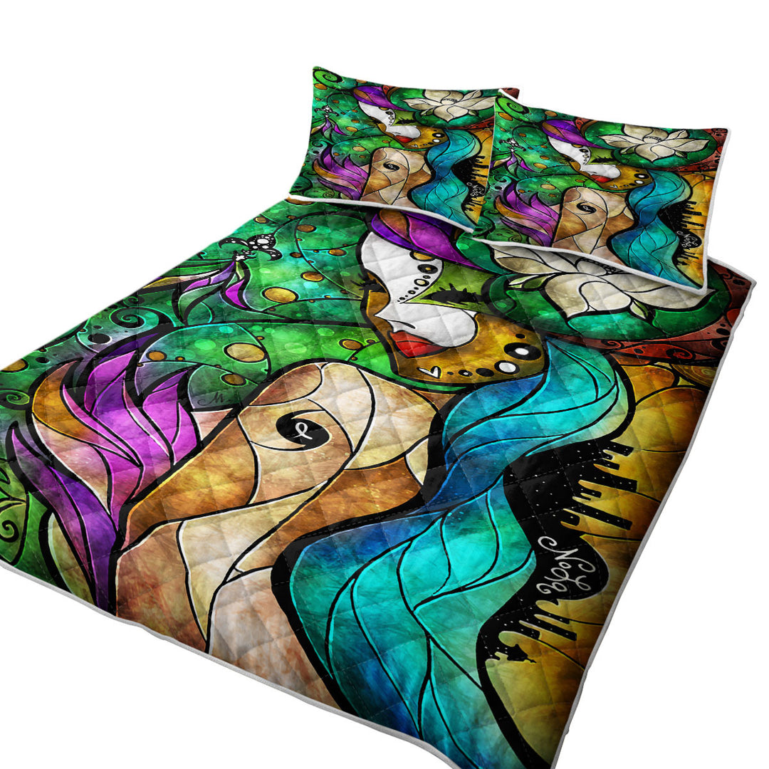 Stained Glass Nola the Tropical Flower Masked Girl King Size Quilt Sets