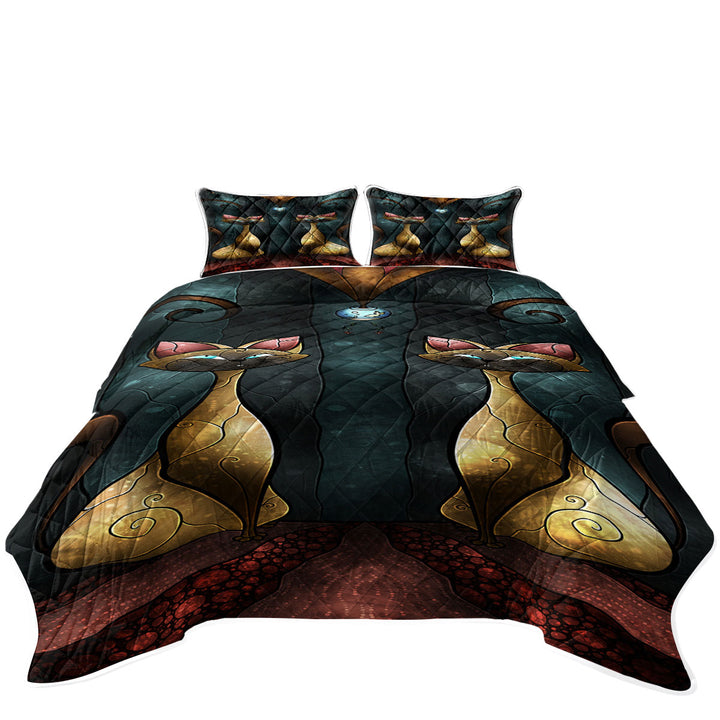 Stained Glass Siamese Tease Cat Art Bed Coverlet