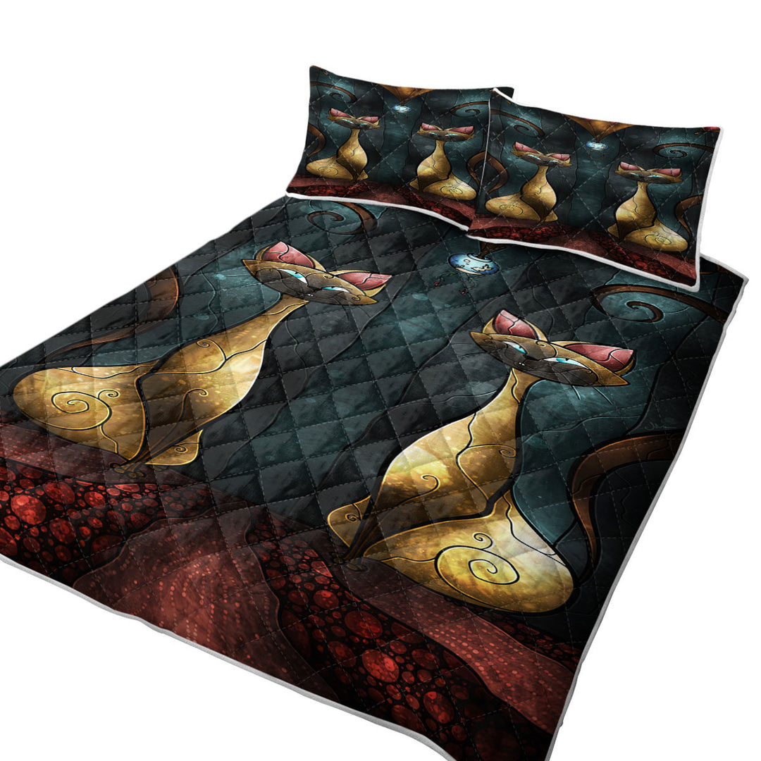 Stained Glass Siamese Tease Cat Art Bedspreads and Quilts
