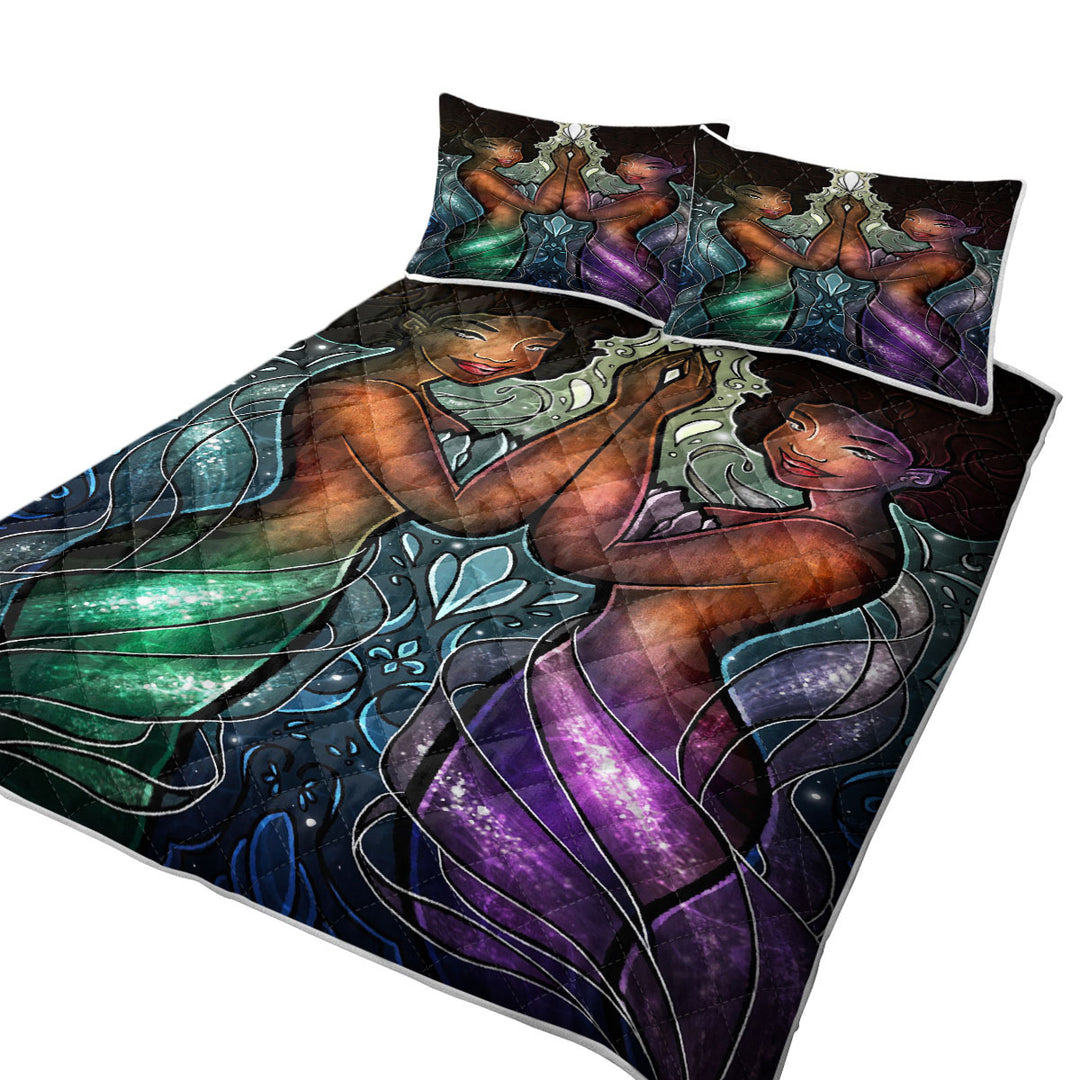 Stained Glass Twinsies Beautiful Black Mermaids Quilt