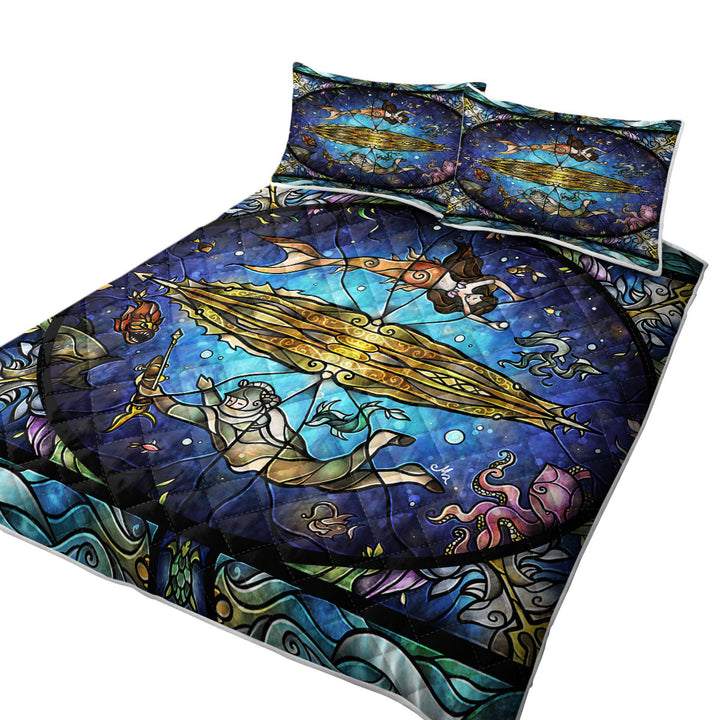 Stained Glass Under the Sea Art Diver and Mermaid California King Quilt Sets