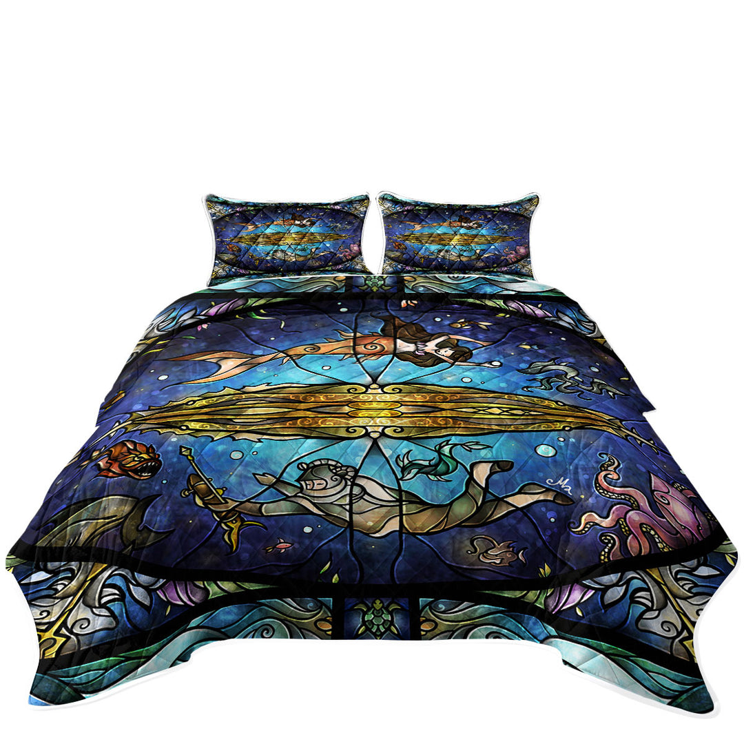Stained Glass Under the Sea Art Diver and Mermaid King Size Quilt Sets