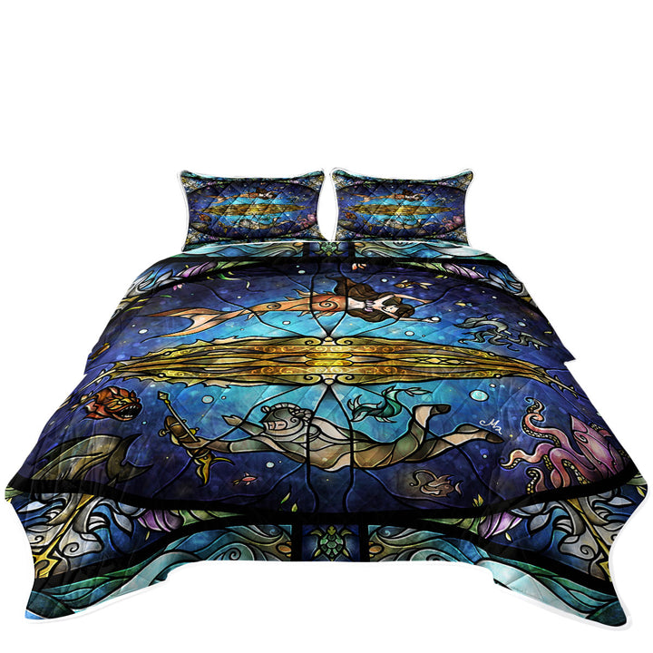 Stained Glass Under the Sea Art Diver and Mermaid King Size Quilt Sets