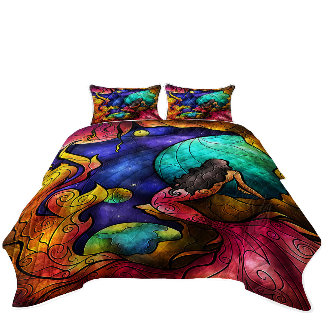 Stained Glass Worlds Within Worlds Space Mermaid Coverlets