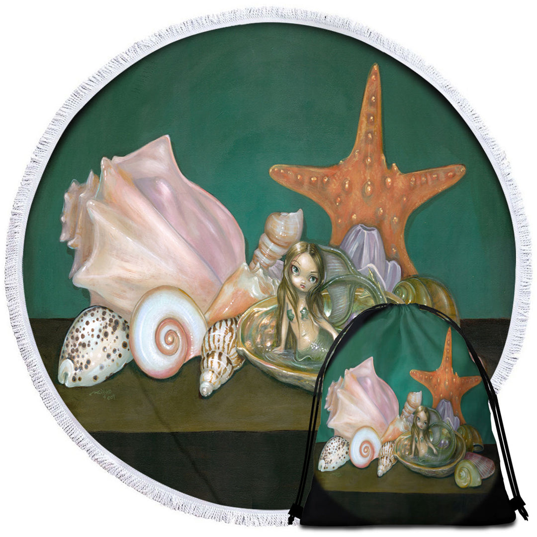 Still Life With a Mermaid and Sea Shells Round Beach Towel