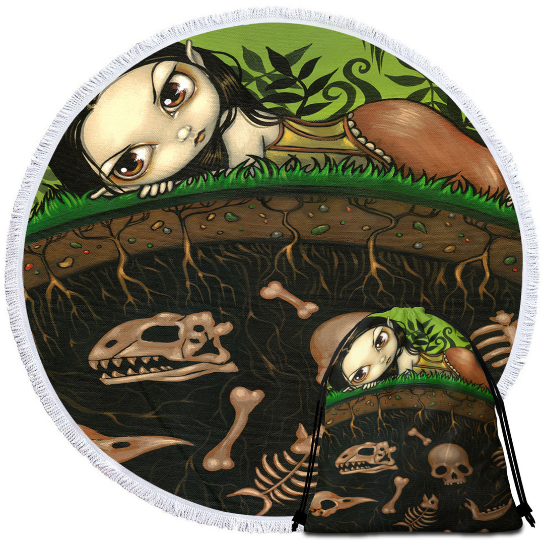 Strange Round Beach Towel Forest Girl and the Bones in The Ground