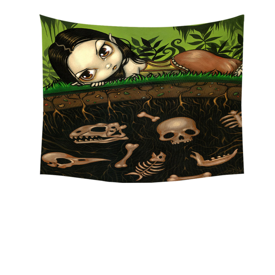 Strange Wall Decor Forest Girl and the Bones in The Ground Tapestry