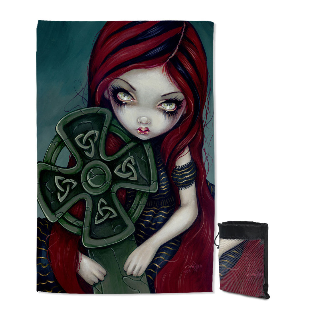 Strangely Lonely Goth Girl Holds Celtic Cross Beach Towels