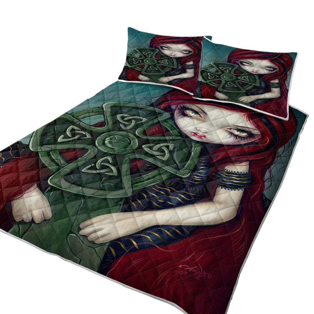 Strangely Lonely Goth Girl Holds Celtic Cross Quilt