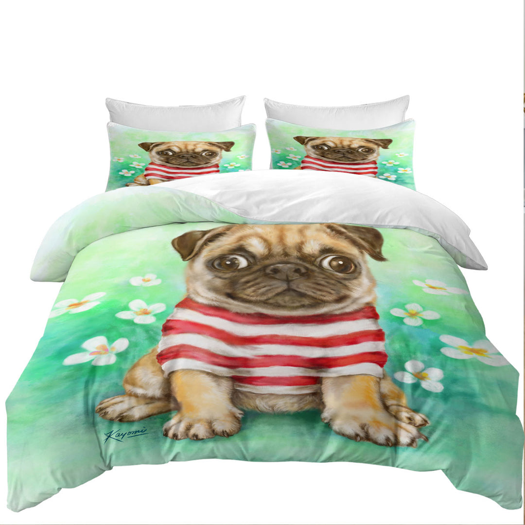 Striped Cute Pug Dog in Daisy Flower Garden Comforter Cover
