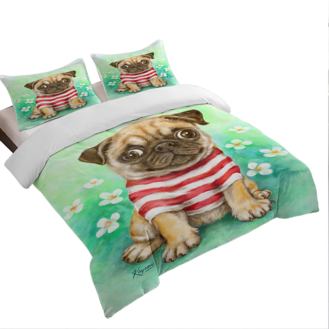 Striped Cute Pug Dog in Daisy Flower Garden Duvet Cover