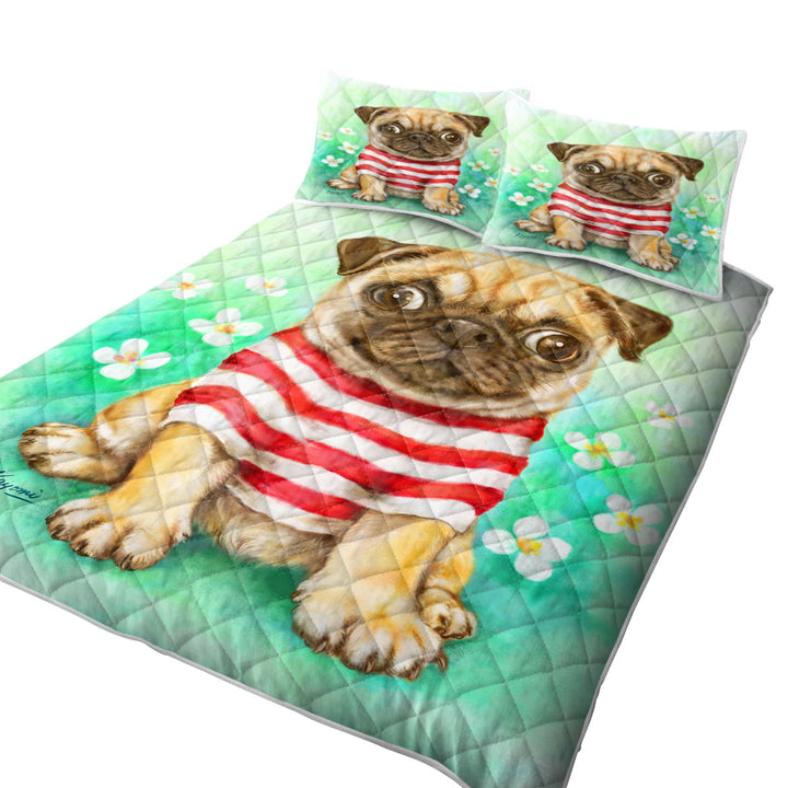 Striped Cute Pug Dog in Daisy Flower Garden King Size Bedspreads