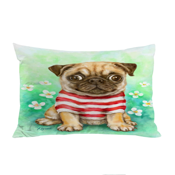 Striped Cute Pug Dog in Daisy Flower Garden Pillowcase