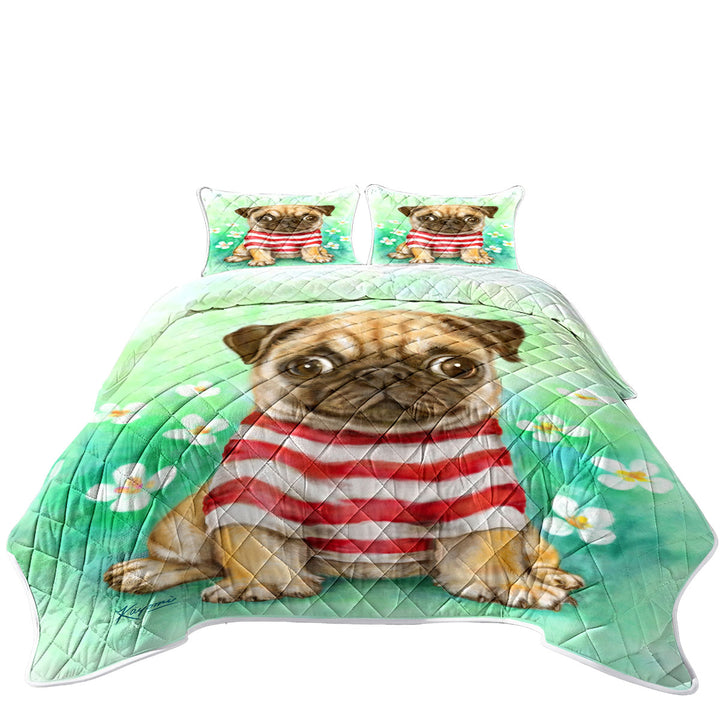 Striped Cute Pug Dog in Daisy Flower Garden Summer Quilt