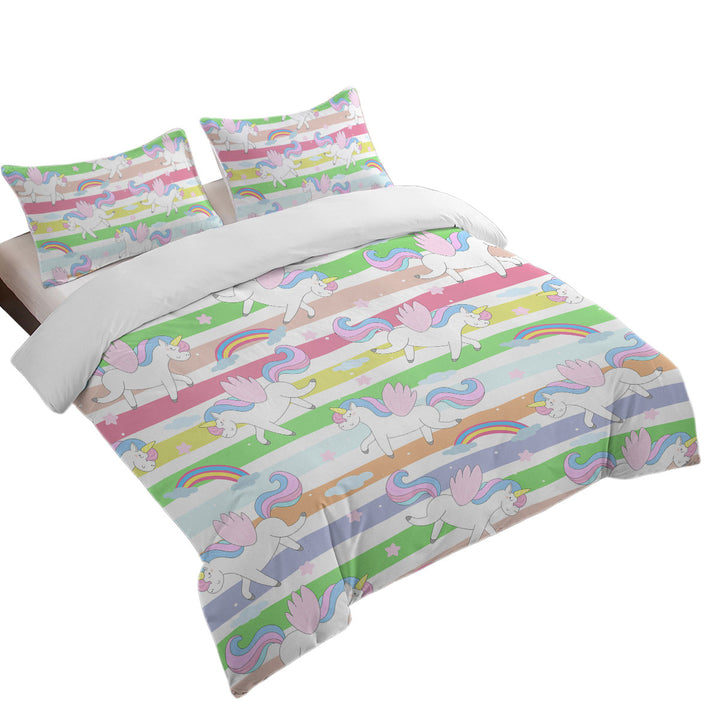 Stripes and Rainbow Unicorn Pattern Queen Size Duvet Cover