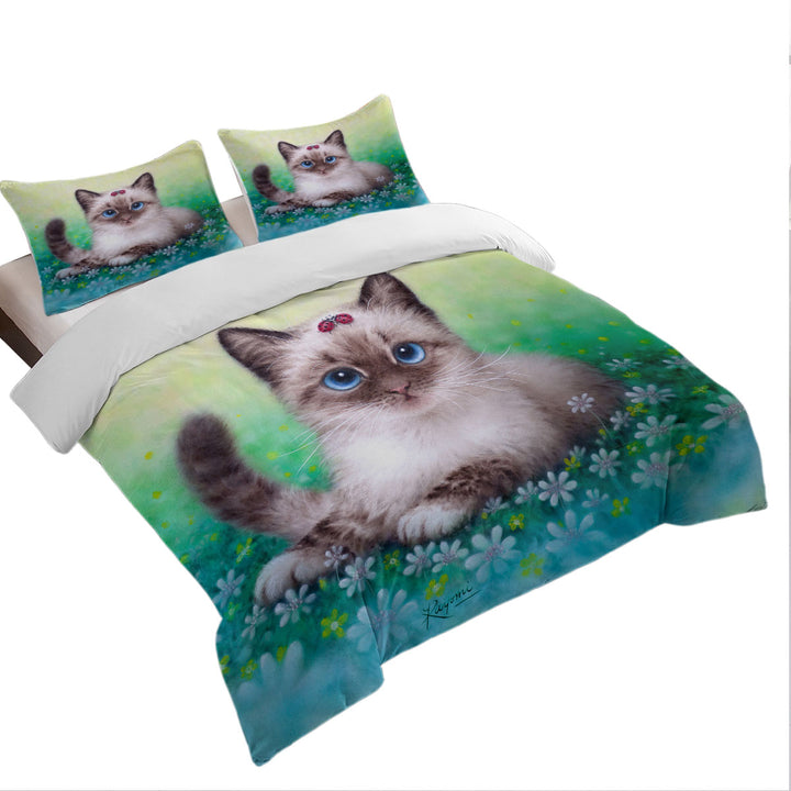 Stunning Cat Painting Ladybugs and Kitten Duvet Cover sale