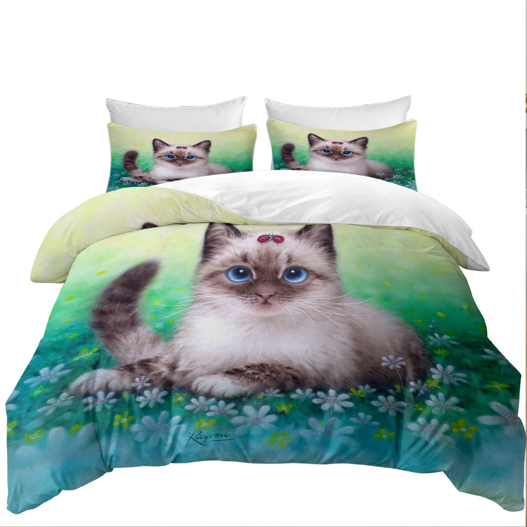 Stunning Cat Painting Ladybugs and Kitten Duvet Cover set