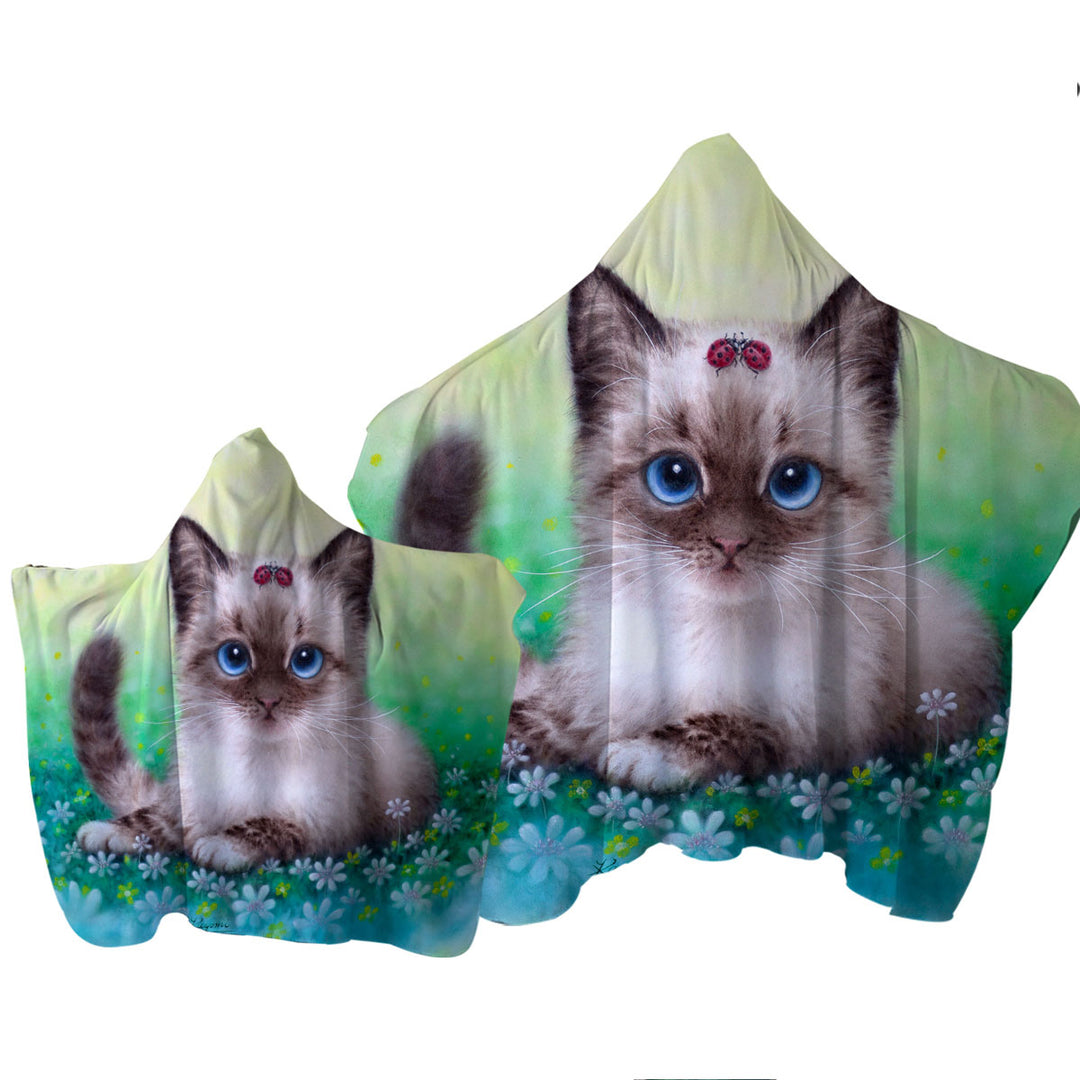Stunning Cat Painting Ladybugs and Kitten Hooded Beach Towel