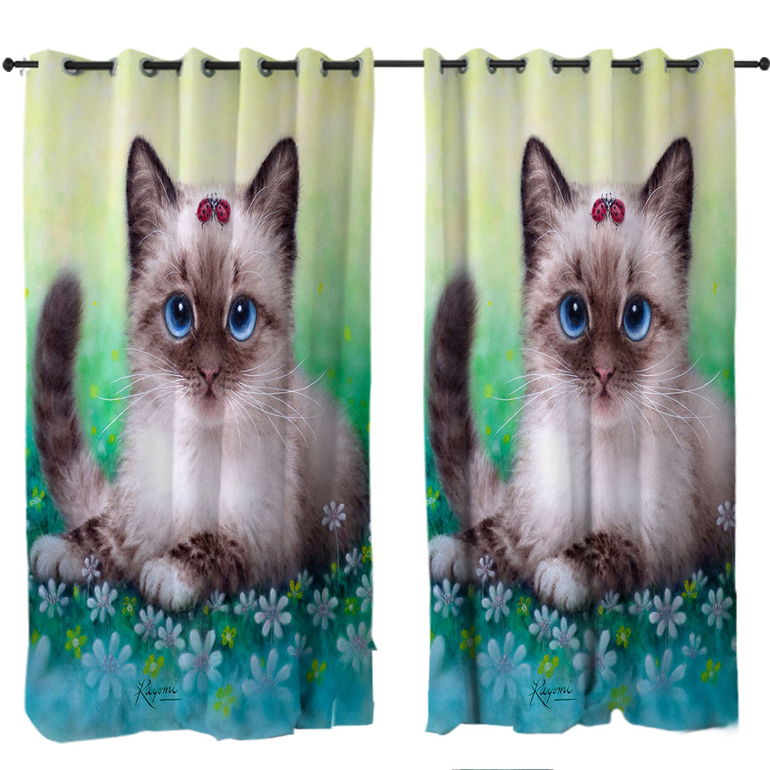 Stunning Cat Painting Ladybugs and Kitten Window Curtains