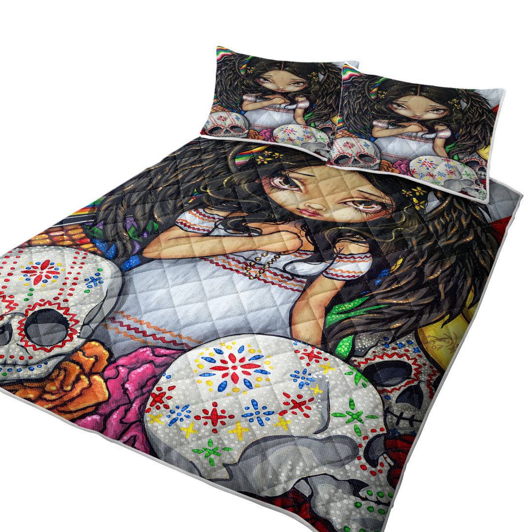 Sugar Skulls and Angel De Los Muertos Twin Quilt