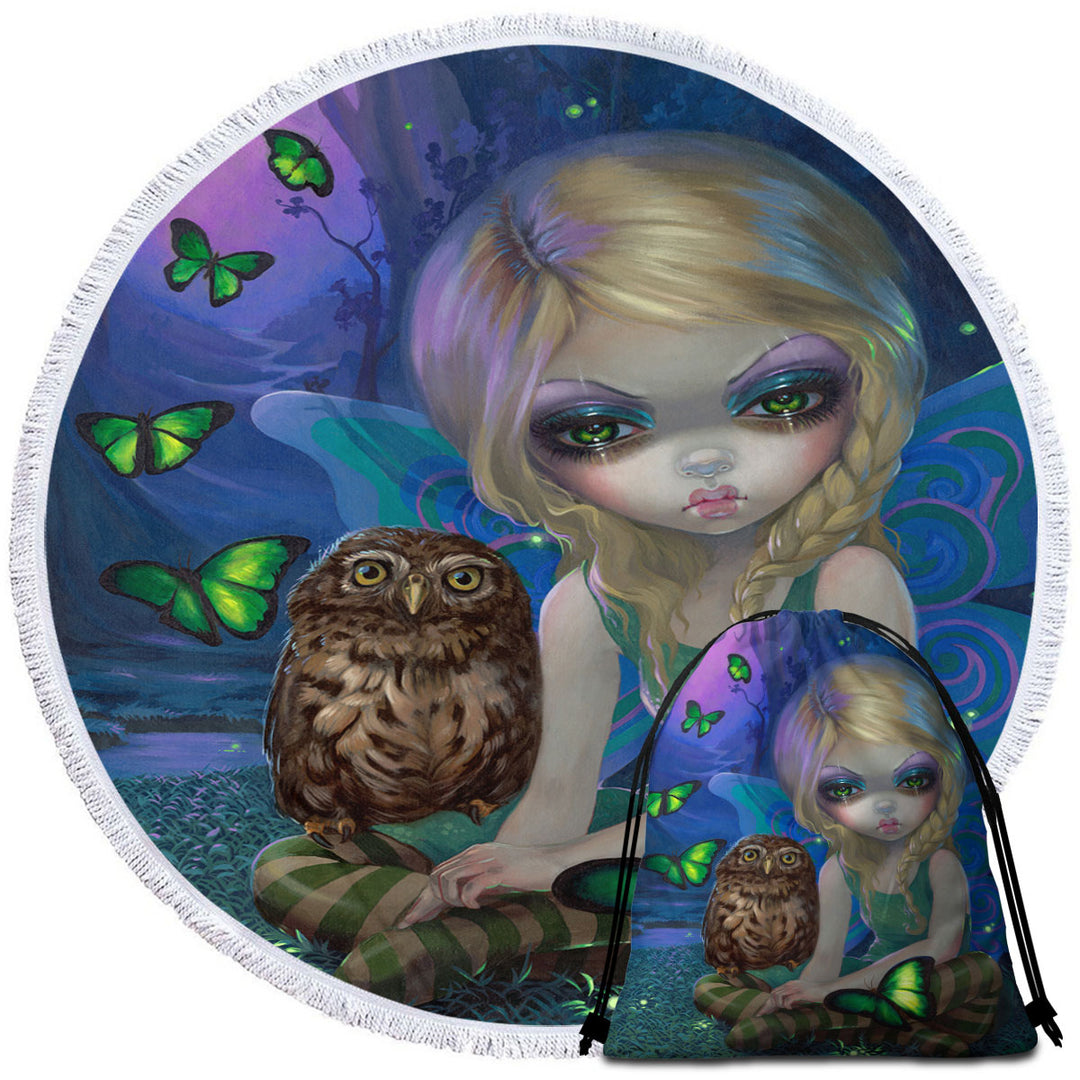 Summer Fairy with Her Owl Round Beach Towel