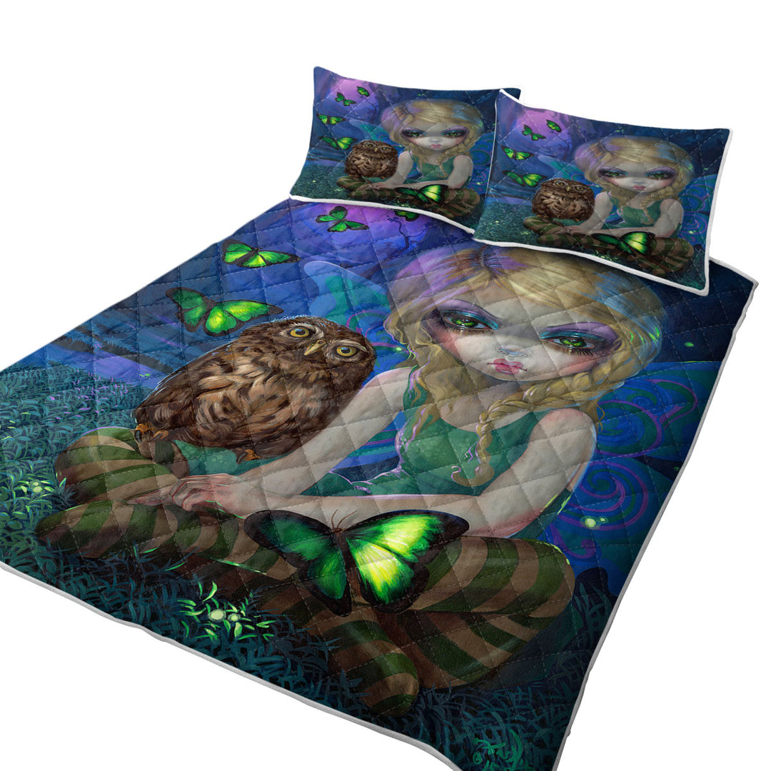 Summer Fairy with Her Owl and Butterflies Coverlet