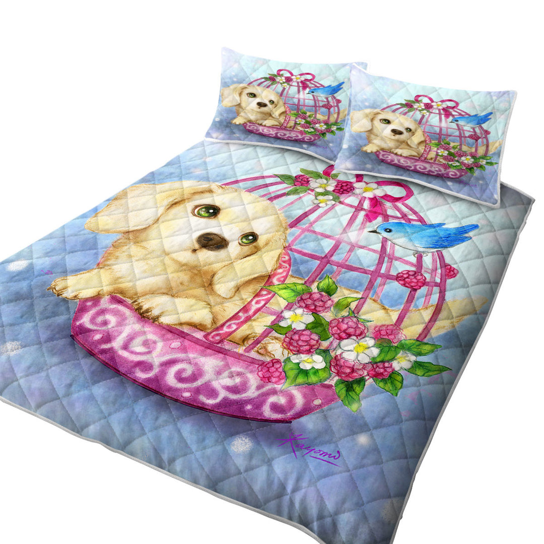 Summer Quilt with Animal Dogs Art Cute Dachshund in Bird Cage