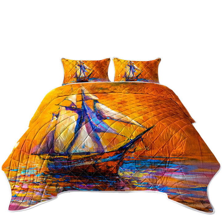 Summer Quilt with Art Painting Sunset Sailboat