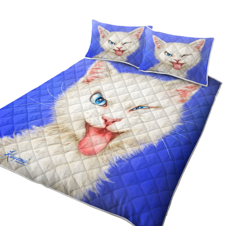 Summer Quilt with Cats Funny Faces Drawings White Kitten