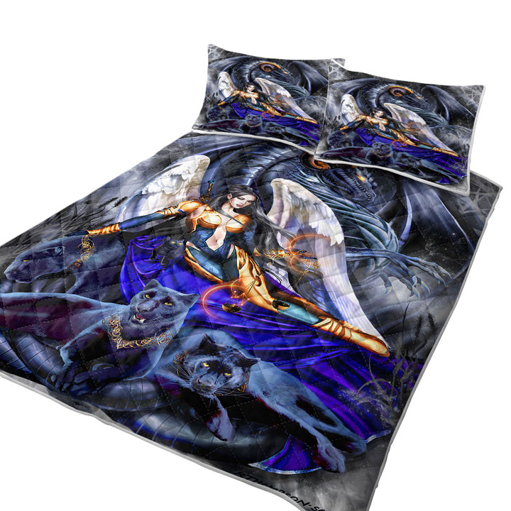 Summer Quilt with Cool Fantasy Warrior Angel Dragon and Panthers