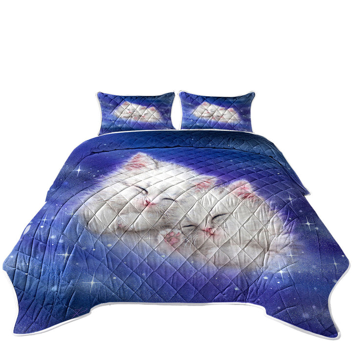 Summer Quilt with Cool Galaxy Dream Cute White Kittens in Space