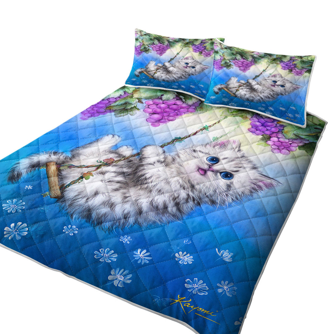 Summer Quilt with Cute Kitty Cat Swinging in the Grape Vineyard