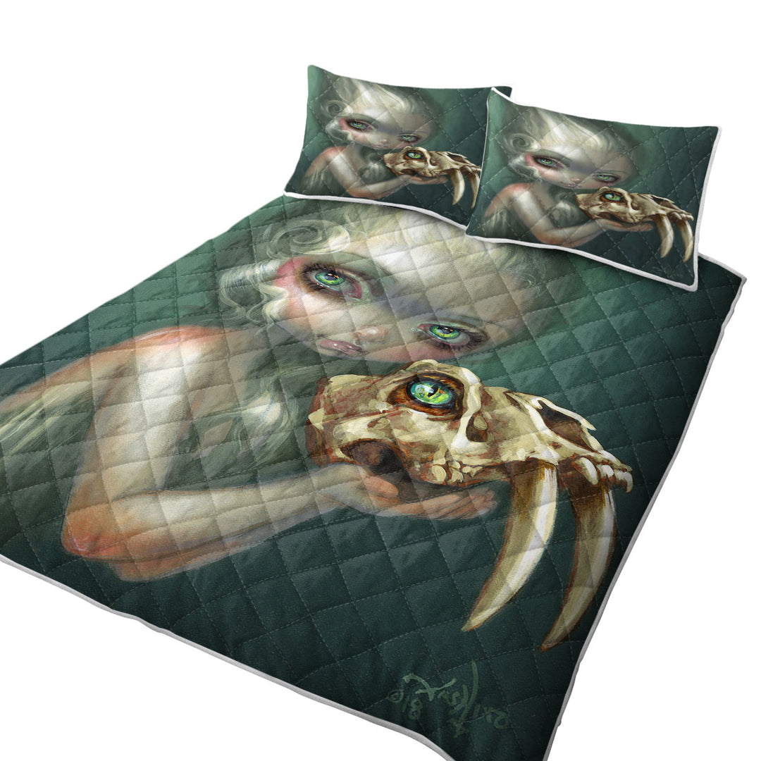 Summer Quilt with Dark Art Girl Holds Resurrected Saber Toothed Cat