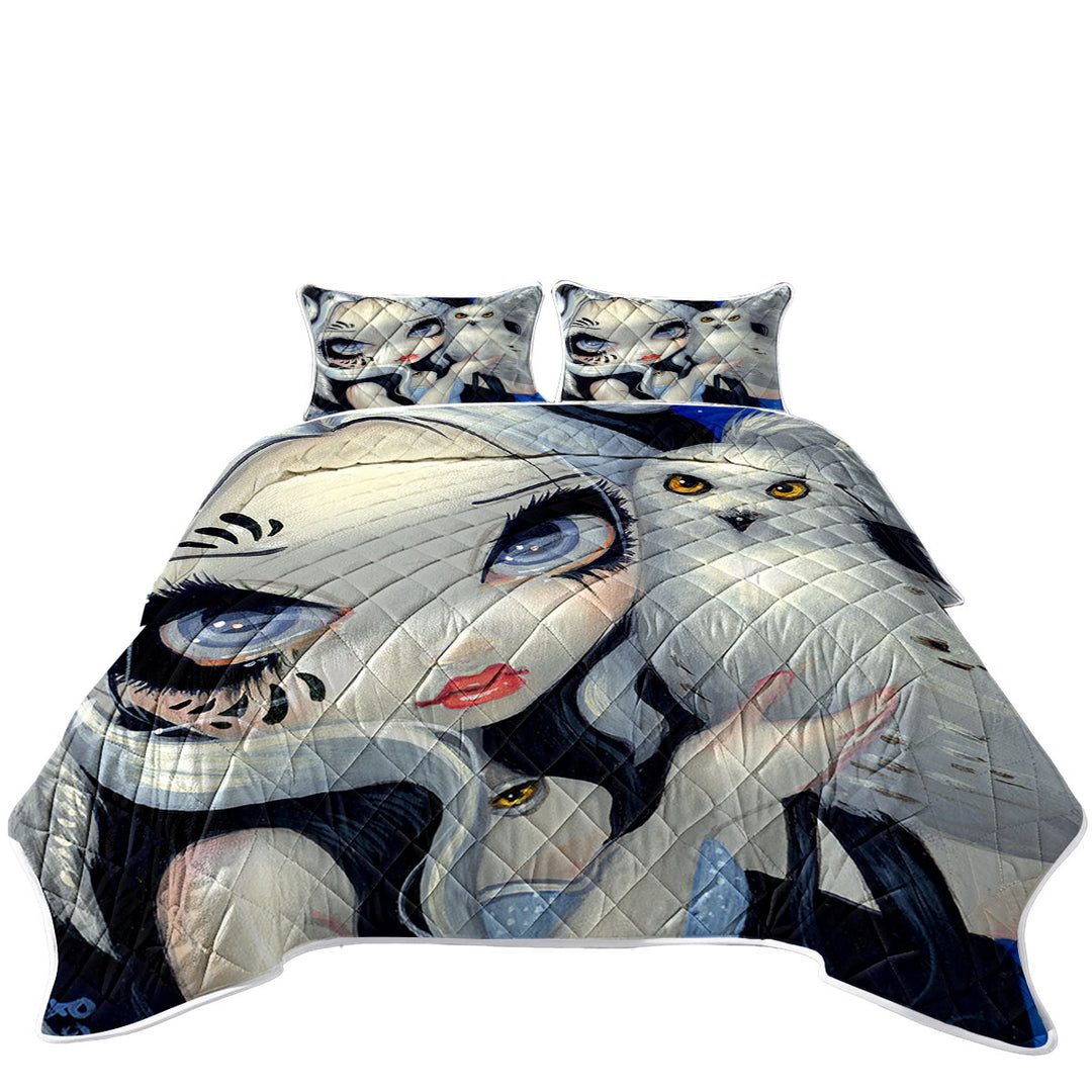 Summer Quilt with Faces of Faery _149 Goth Girl with Her White Owl