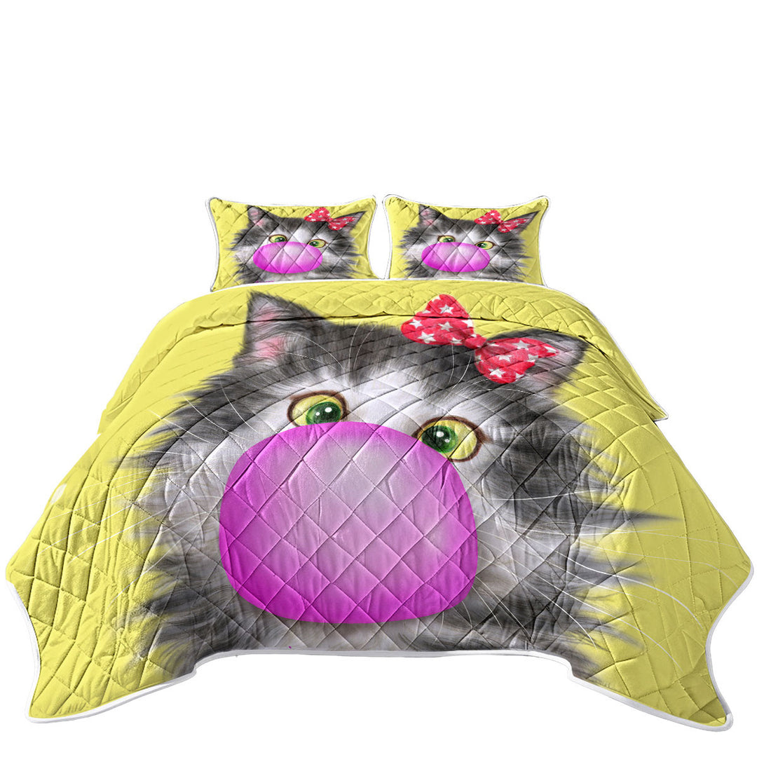 Summer Quilt with Funny Cat Prints Bubble Gum Girl Kitten