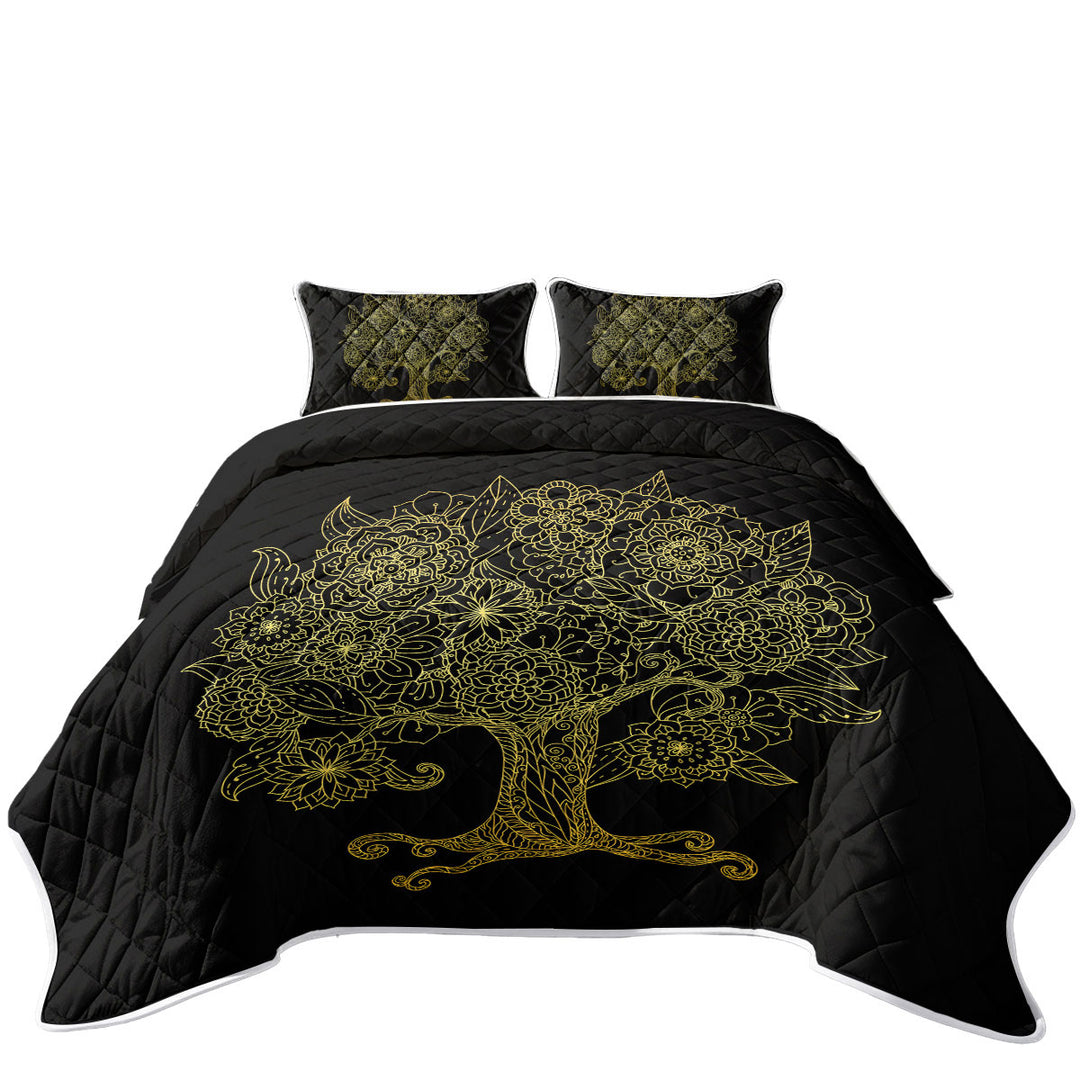 Summer Quilt with Golden Tree Drawing over Black