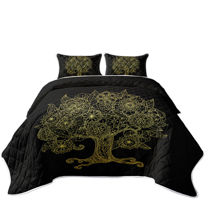 Summer Quilt with Golden Tree Drawing over Black