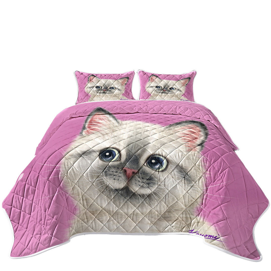 Summer Quilt with Greyish Kitty Cat over Pink for Girls