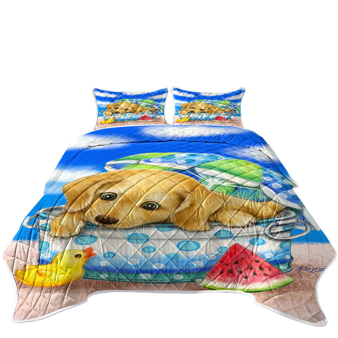 Summer Quilt with Kids Animal Dogs Art Cute Dachshund at the Beach